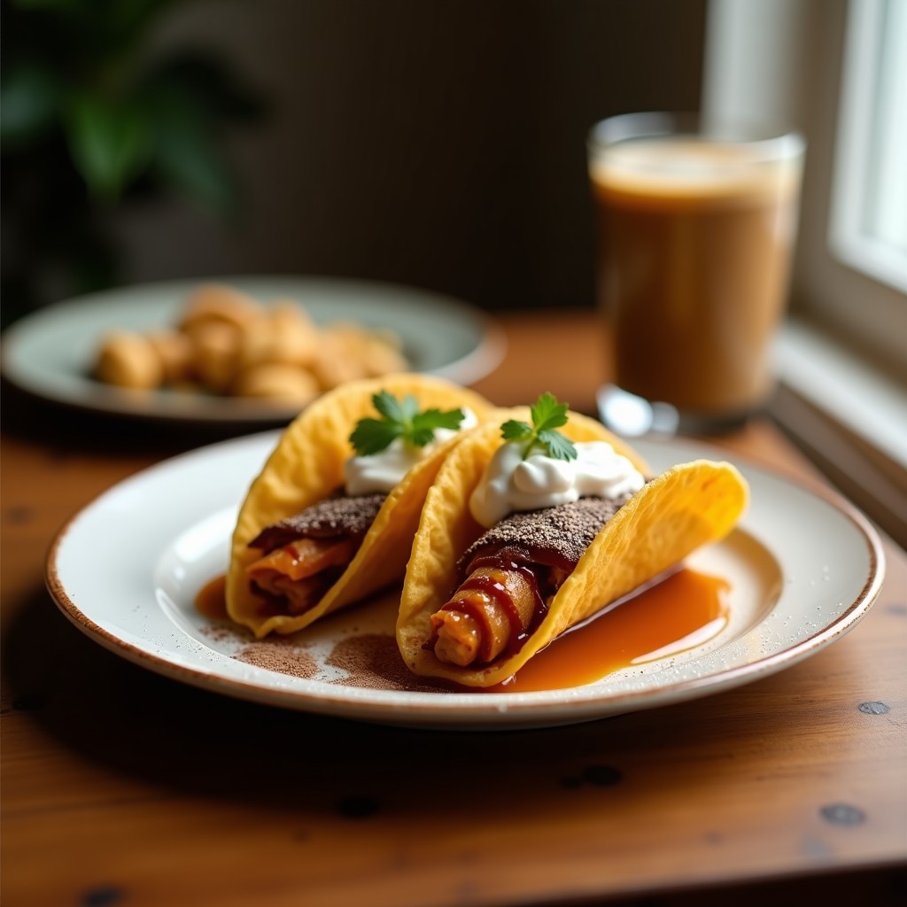 Tacos dorados crujientes rellenos de crema de tofu y café moka, espolvoreados con cacao, servidos en plato de madera con fondo rústico.
