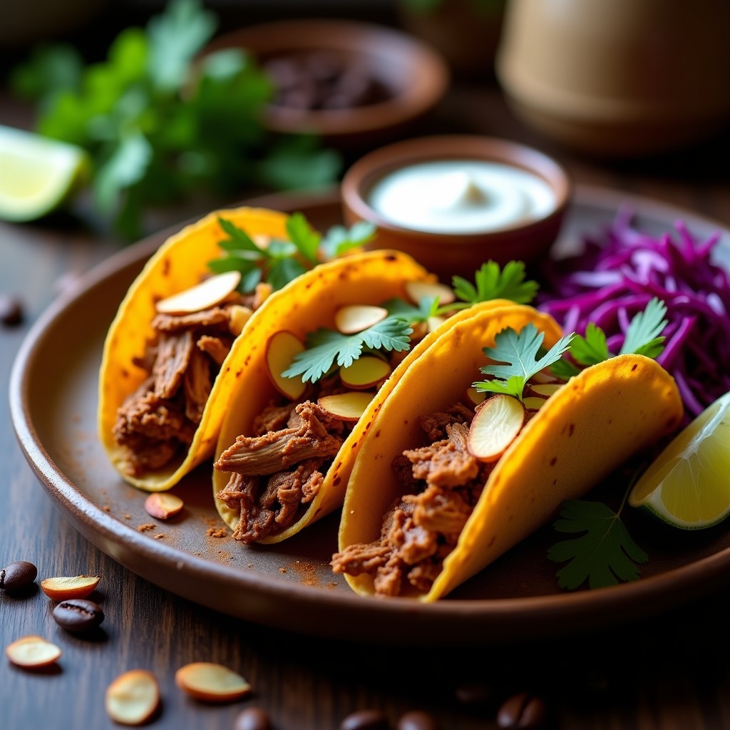 Tacos dorados crujientes rellenos de pollo al café mole, servidos en un plato de barro con almendras fileteadas y hojas de cilantro fresco. Receta en airfryer con aroma auténtico.