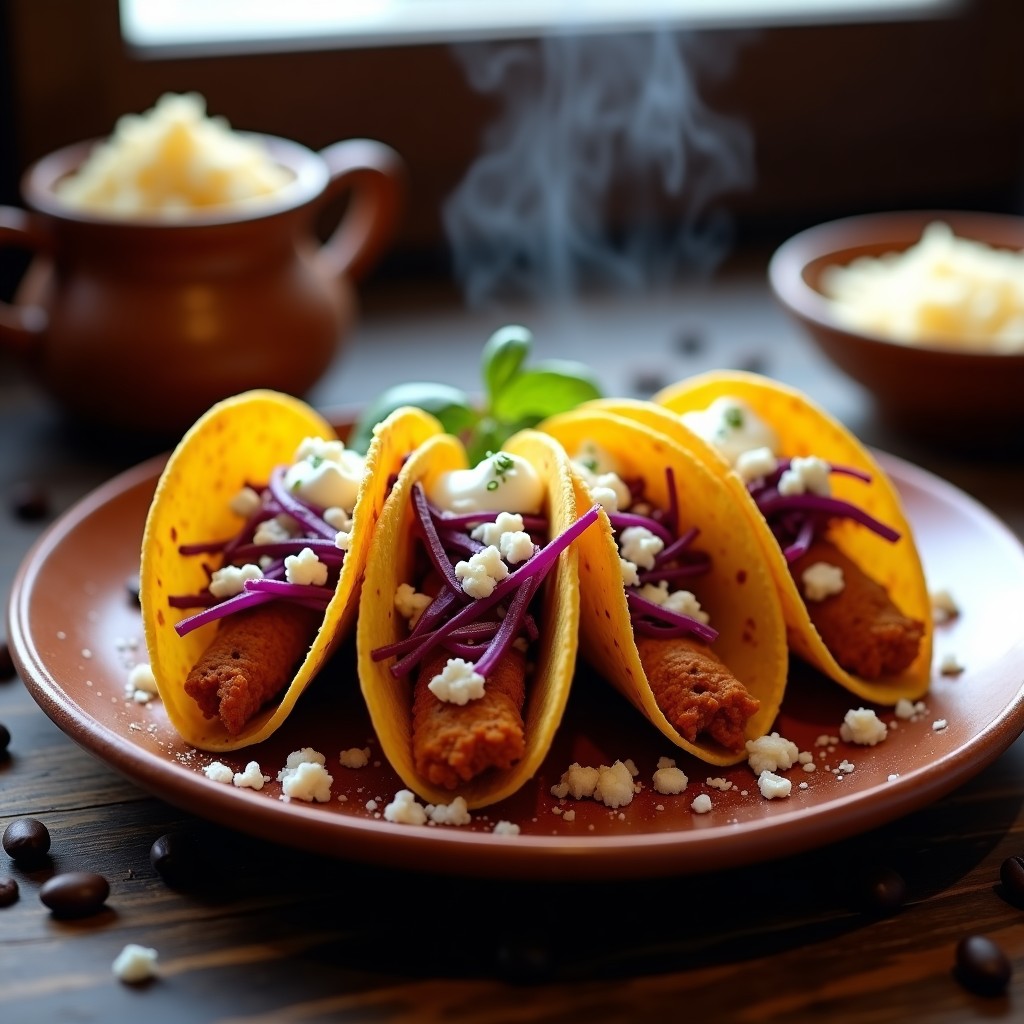 Tacos dorados de café oaxaqueño en airfryer, servidos en plato de barro con lechuga morada, crema ácida y queso fresco desmenuzado.