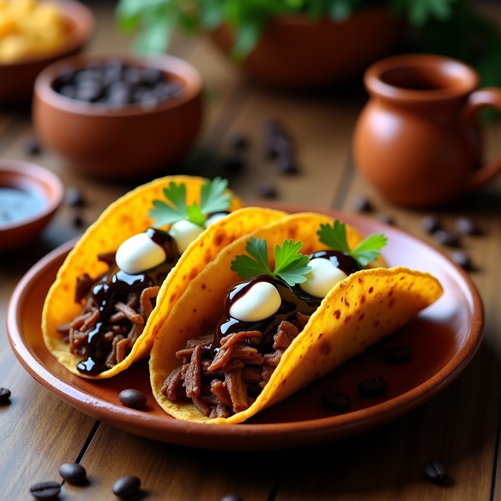 Plato de tacos dorados rellenos de carne desmenuzada marinada en café, bañados con salsa de chocolate amargo, acompañados de crema ácida y cilantro fresco. Receta de tacos de café en olla lenta.