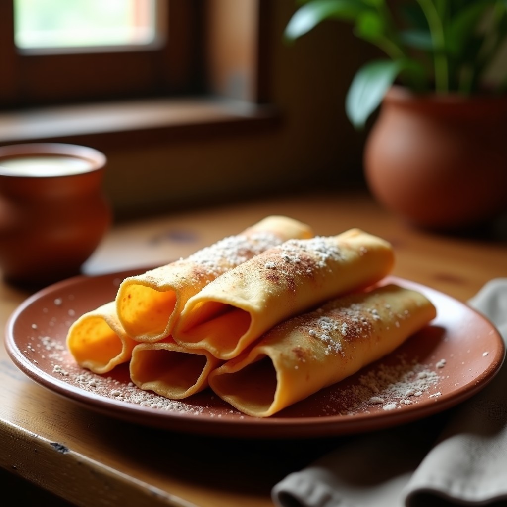 Tacos dorados de café de olla apilados en un plato rústico de barro, con textura crujiente y color dorado intenso, espolvoreados con azúcar glass y canela.