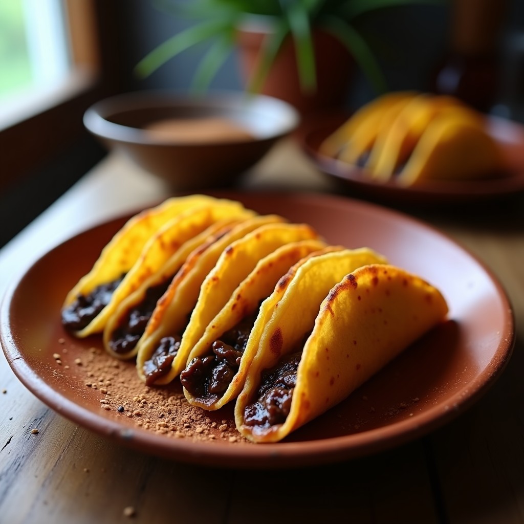 Tacos dorados de café y panela en airfryer, crujientes y brillantes, con vetas de panela derretida y un toque de canela, servidos en plato rústico de barro.