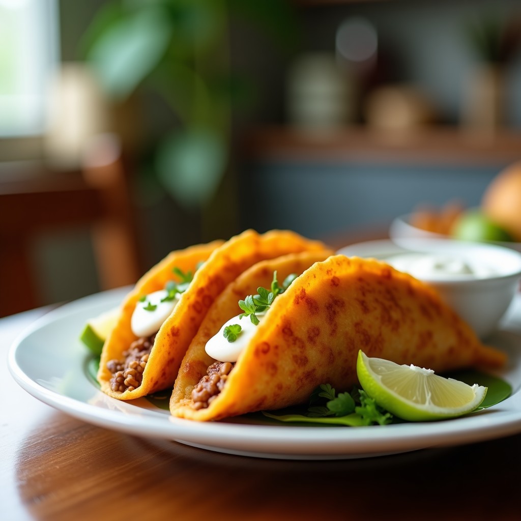 Tacos dorados de café proteico dispuestos en un plato blanco, con textura crujiente y color dorado intenso, acompañados de un bol de yogur griego.
