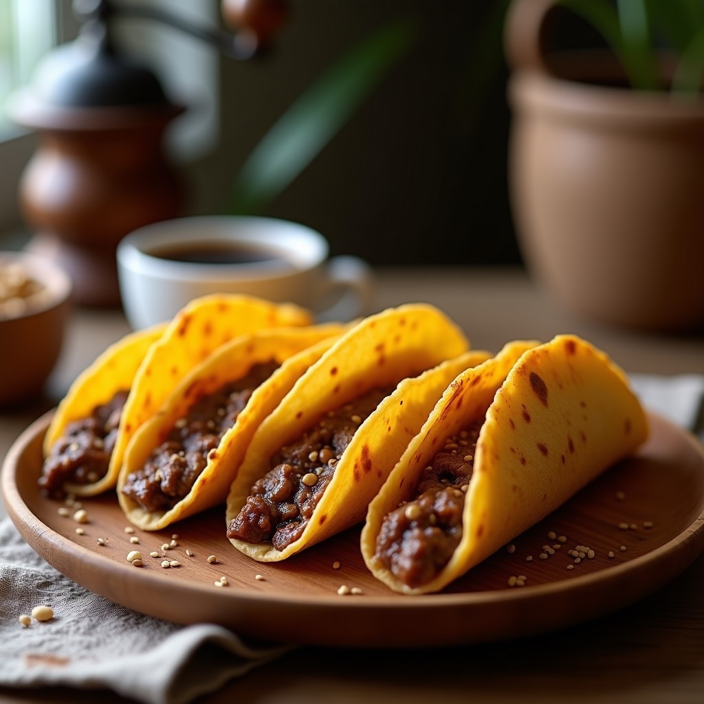 Plato con tacos dorados crujientes rellenos de crema de café y requesón, espolvoreados con semillas de chía y canela, sobre fondo rústico de madera.