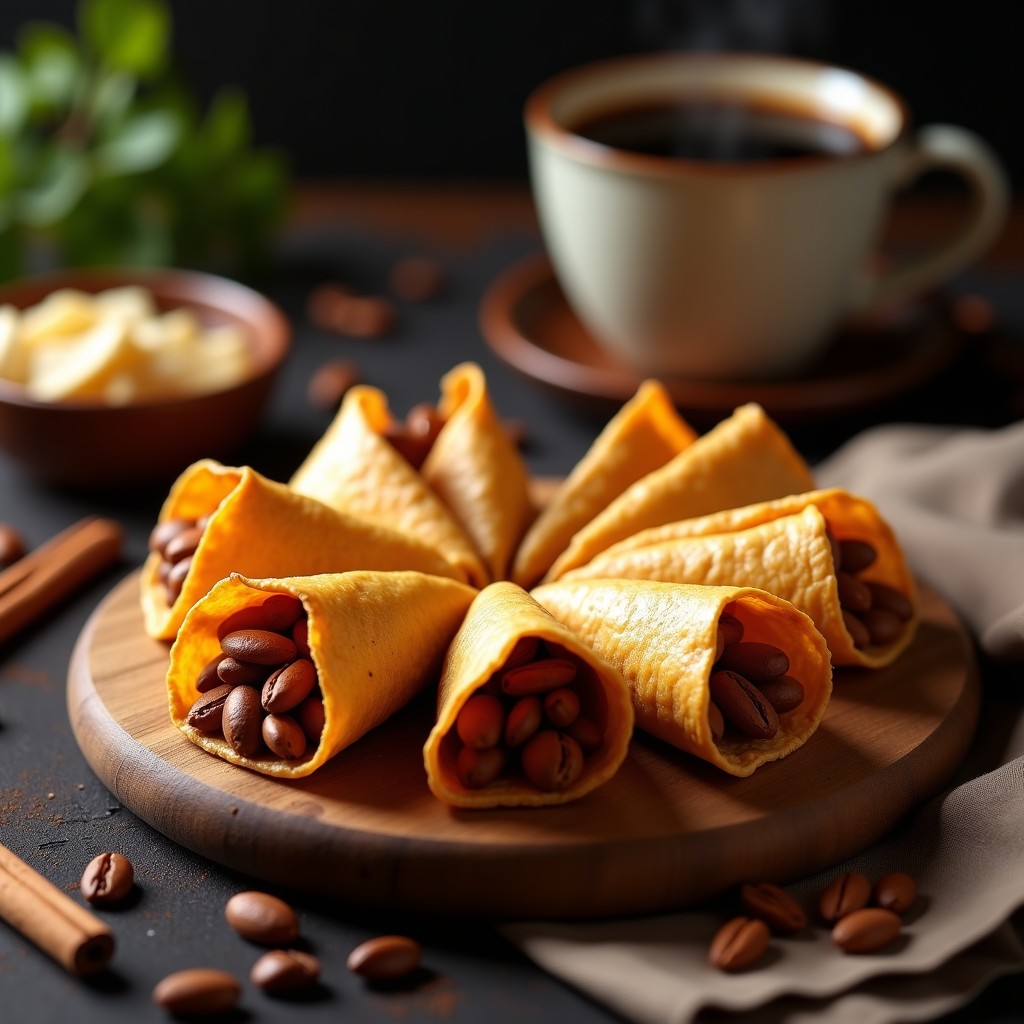 Tacos dorados de café en una bandeja de madera, con textura crujiente y color dorado intenso, servidos sobre un paño rústico con granos de café al fondo.