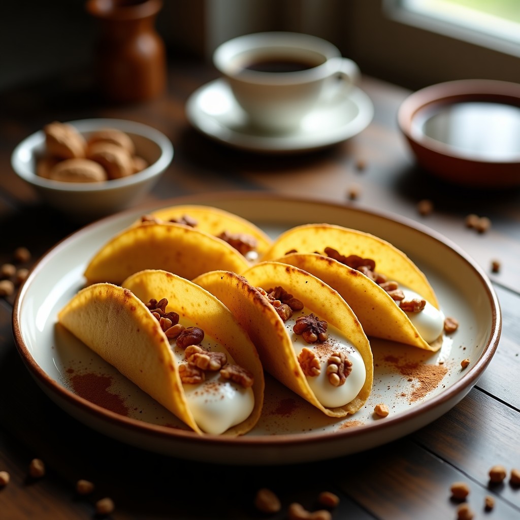 Plato con tacos dorados de café sin azúcar, crujientes y aromáticos, rellenos de queso fresco y yogur griego, decorados con nueces picadas y semillas de chía.