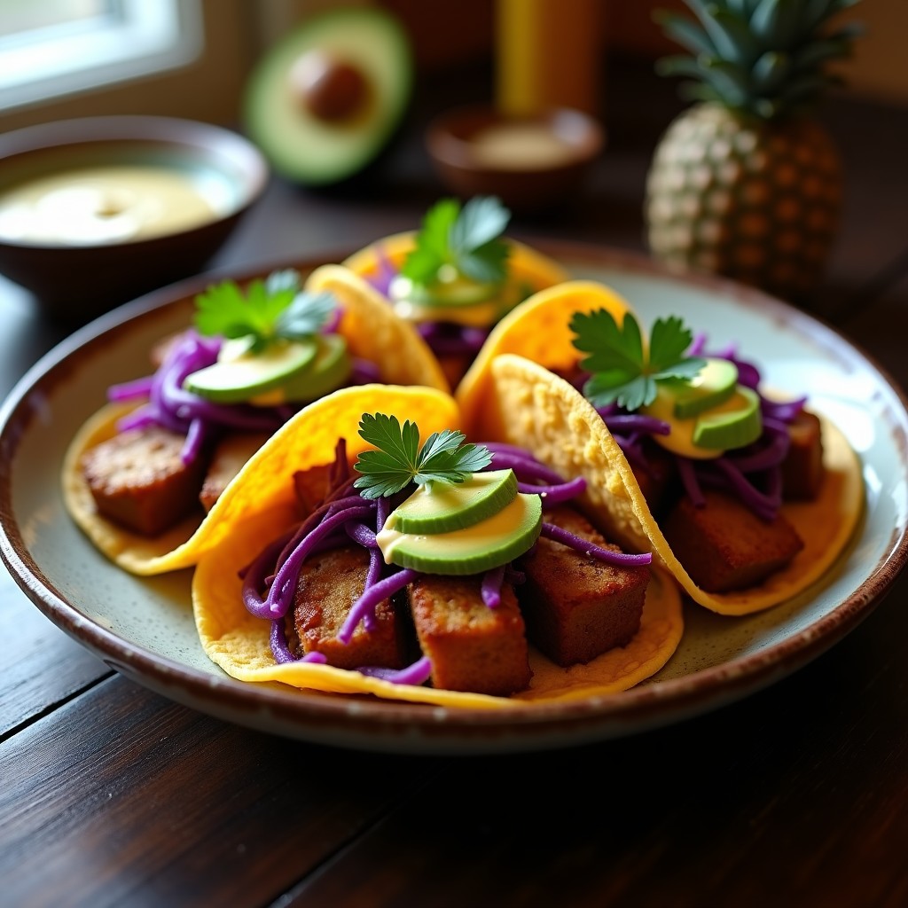 Tacos dorados crujientes rellenos de hongos portobello y tofu ahumado con topping de aguacate, lechuga morada y crema de anacardos, servidos en un plato de barro con fondo oscuro.