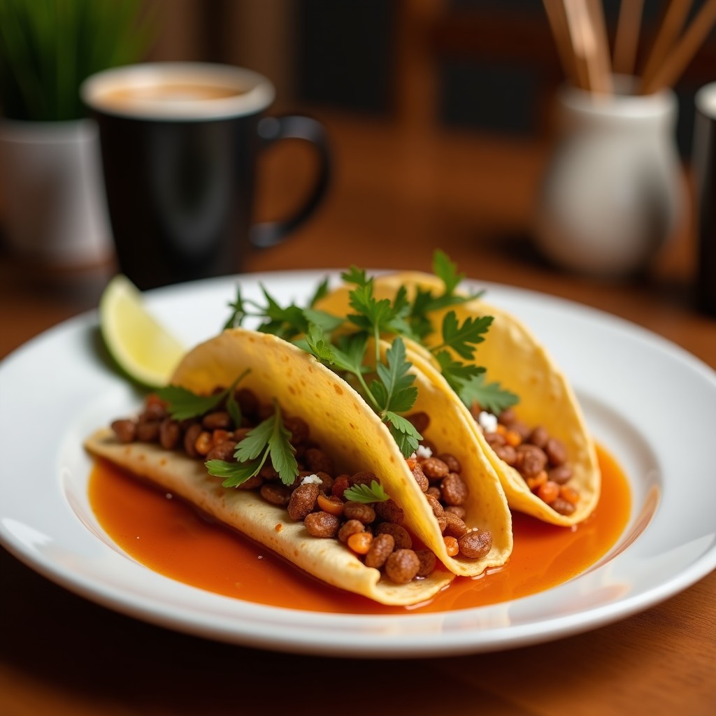 Tacos dorados de café vegano apilados en un plato blanco rústico, con textura crujiente y relleno oscuro de café y dátiles, espolvoreados con cacao en polvo, sobre fondo de madera clara.