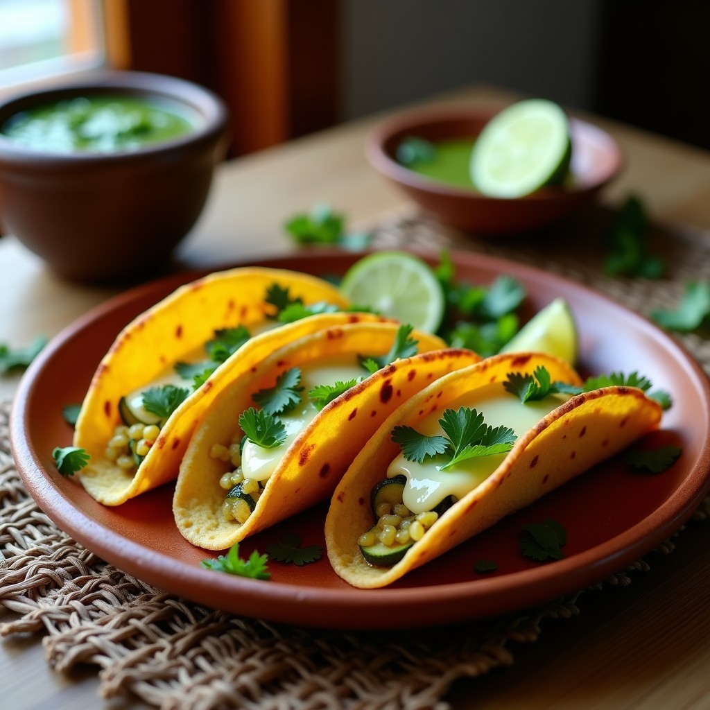 Tacos dorados crujientes rellenos de calabacita y queso Oaxaca derretido, servidos en un plato de barro con salsa verde y cilantro fresco. Receta de tacos dorados en airfryer.