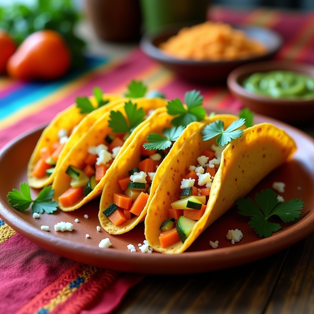 Tacos dorados crujientes de calabacitas y zanahoria servidos en un plato de barro, con cilantro fresco y queso desmenuzado, receta en airfryer sin aceite.