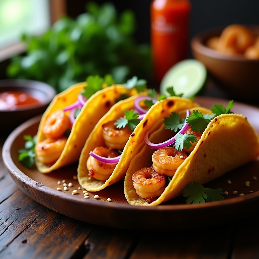 Tacos dorados crujientes rellenos de camarón marinado en soja y jengibre, espolvoreados con ajonjolí tostado, servidos con cebolla morada, cilantro y salsa picante sobre un plato de madera rústica.