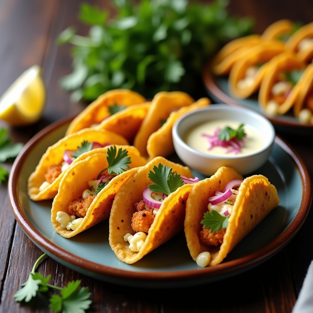 Tacos dorados crujientes de coliflor y queso azul servidos en un plato de barro, acompañados de salsa de crema agria, cebolla morada y cilantro fresco, receta keto en airfryer.