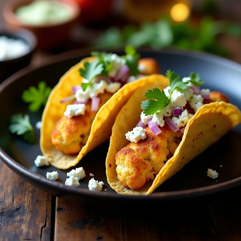 Tacos dorados de coliflor crujientes con queso azul desmenuzado, cebolla morada picada y cilantro fresco, servidos en plato de cerámica negra.