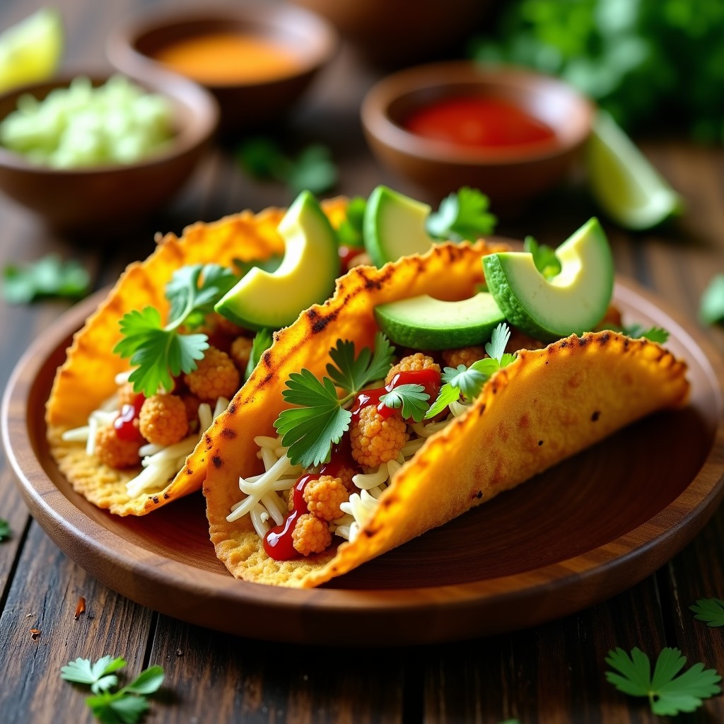 Tacos dorados de coliflor crujientes rellenos de pollo especiado, servidos en un plato de madera rústico con aguacate, lechuga y salsa picante. Receta baja en carbohidratos en airfryer.