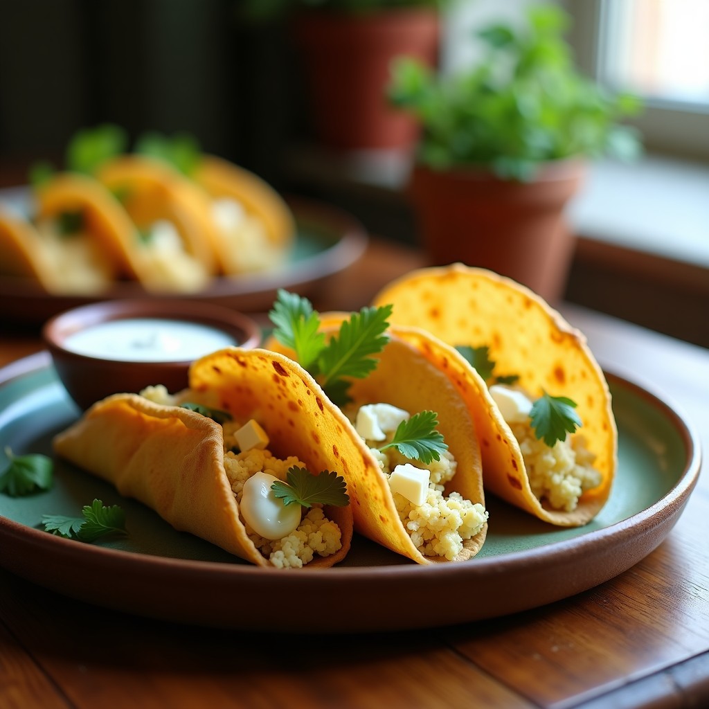 Tacos dorados de coliflor y queso feta horneados, crujientes por fuera, servidos en plato de barro con salsa de yogur y cilantro fresco.