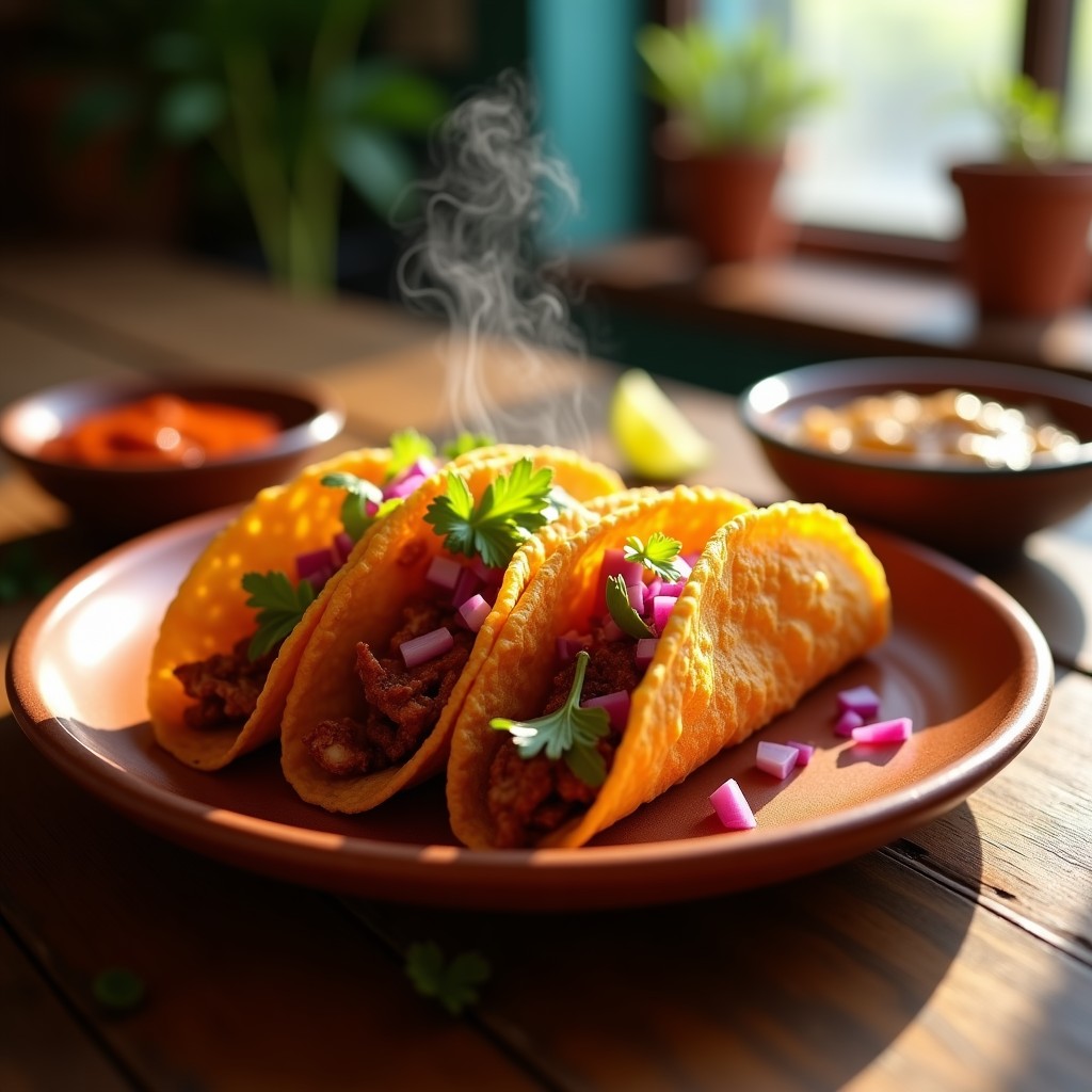 Tacos dorados crujientes de cochinita pibil servidos en plato de barro, con cebolla morada picada y habas refritas, receta airfryer.