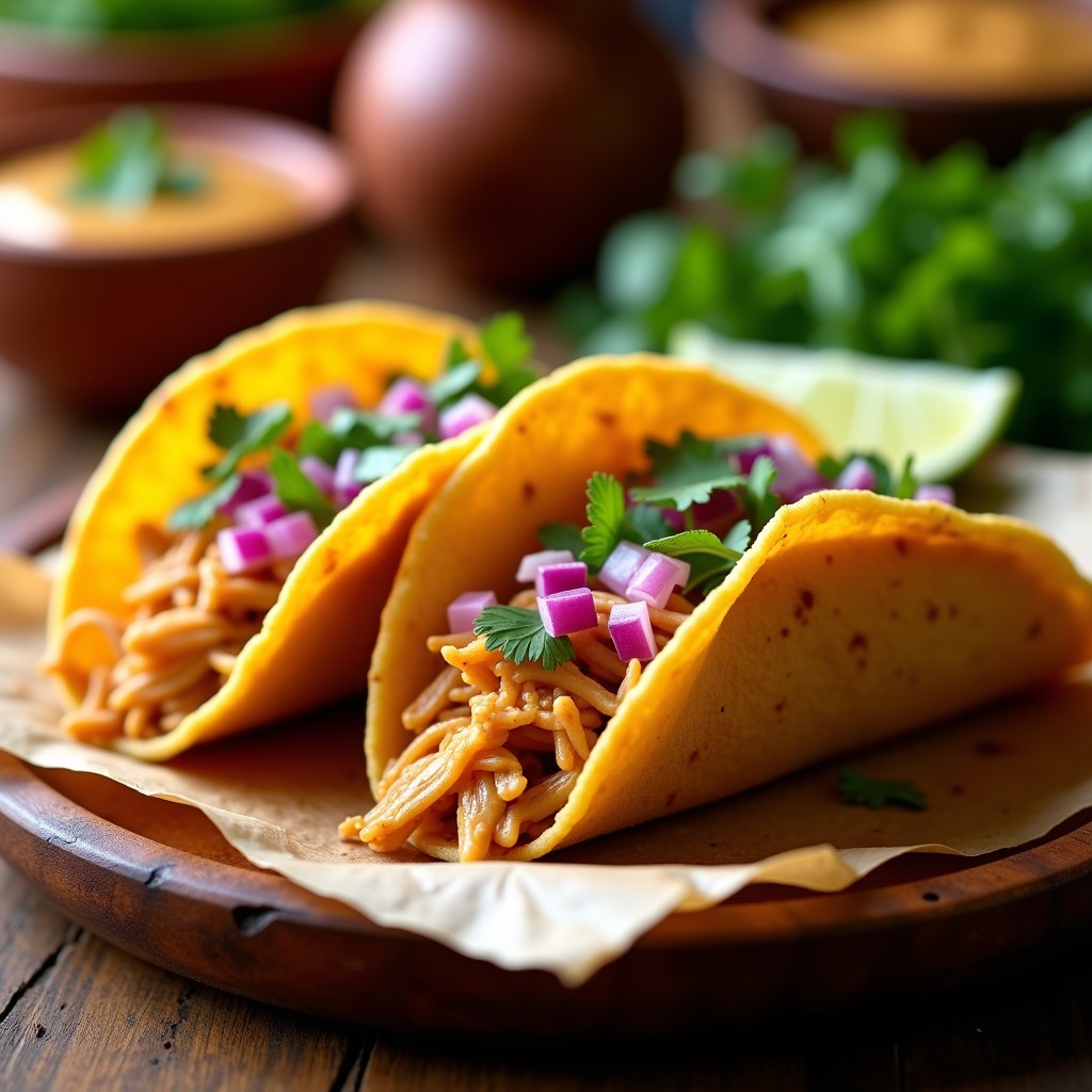 Plato con tacos dorados y crujientes rellenos de pollo en salsa de cacahuate cremosa, decorados con cebolla morada y cilantro fresco, servidos sobre papel absorbente.