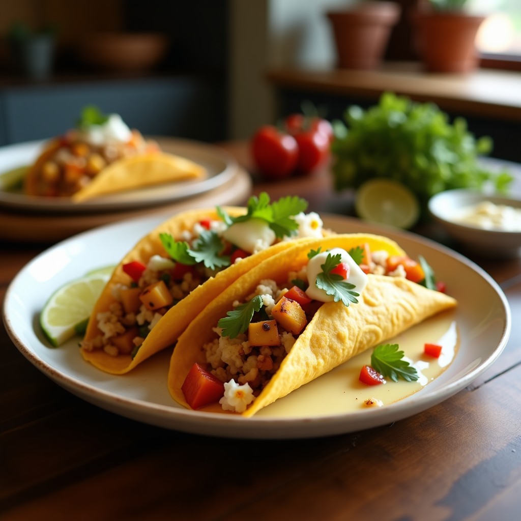Tacos dorados de flor de calabaza con queso panela derretido, servidos en un plato de barro con crema agria y cilantro fresco. Textura crujiente por fuera y jugosa por dentro, receta en airfryer.