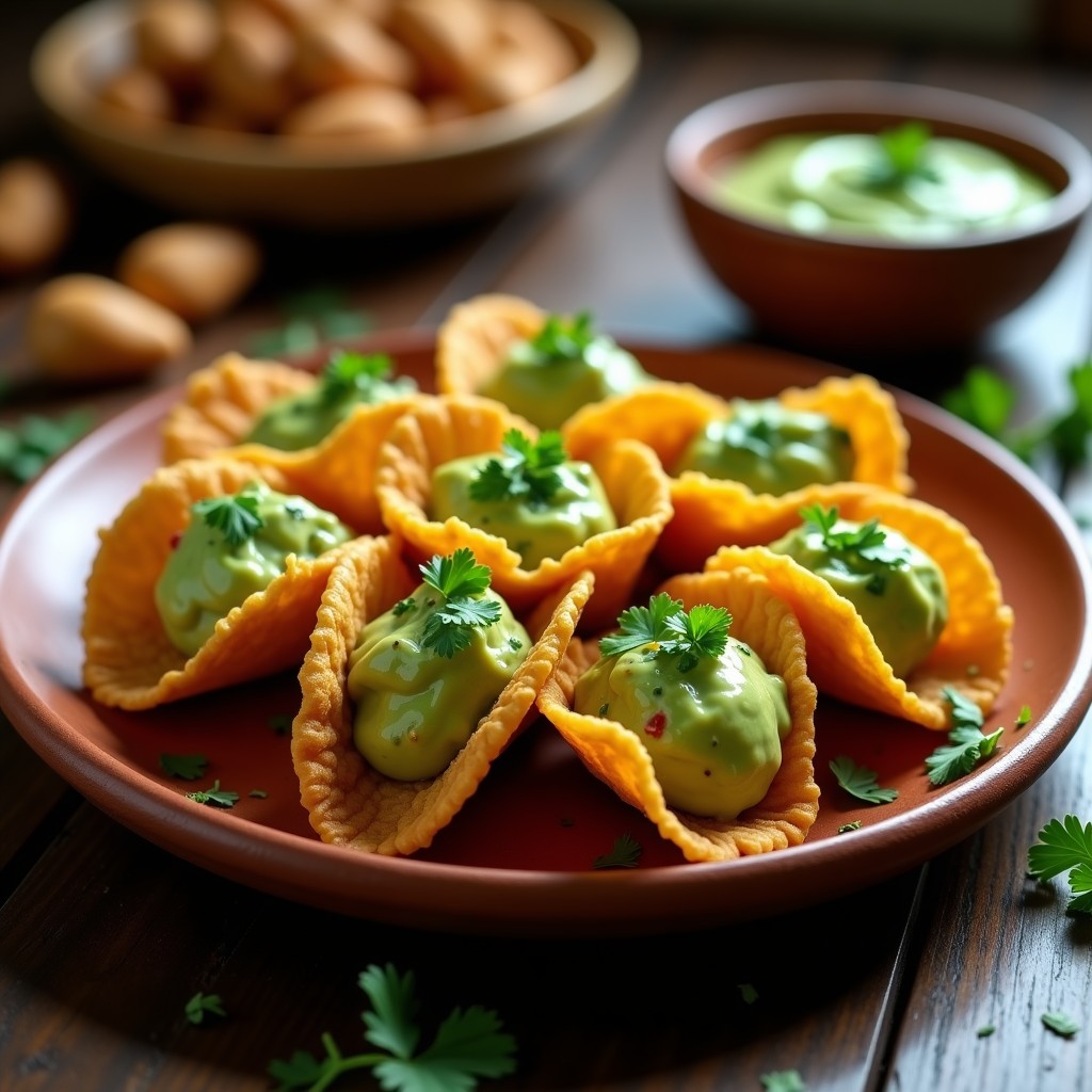 Tacos dorados crujientes de grillos proteinados servidos en un plato de barro, rellenos de salsa de aguacate cremosa y decorados con cilantro fresco, sobre un fondo de madera rústica.