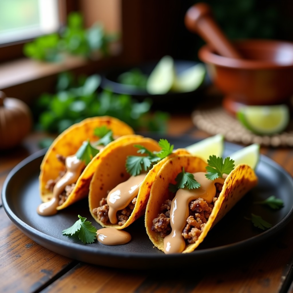 Plato de tacos dorados veganos al horno rellenos de hongos ostra desmenuzados, bañados en crema de cacahuete y chile de árbol, decorados con cebolla morada y cilantro fresco sobre fondo rústico de madera.