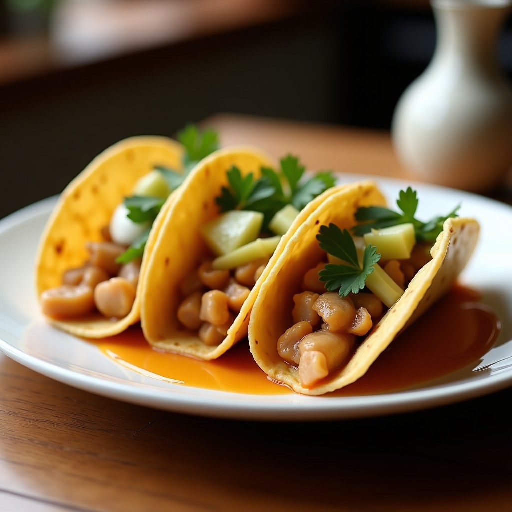 Tacos dorados crujientes rellenos de hongos oyster glaseados, servidos sobre lechuga morada con crema de aguacate y cilantro fresco, receta airfryer vegana.