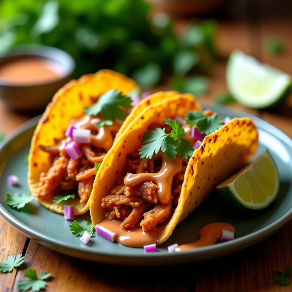 Plato de tacos dorados de jackfruit ahumado con salsa chipotle, cebolla morada y cilantro fresco, receta vegana y crujiente.