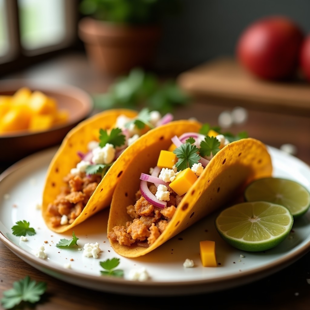 Tacos dorados crujientes rellenos de jaiba ahumada, servidos en plato blanco con topping de mango fresco, cebolla morada y queso cotija desmenuzado, receta airfryer.