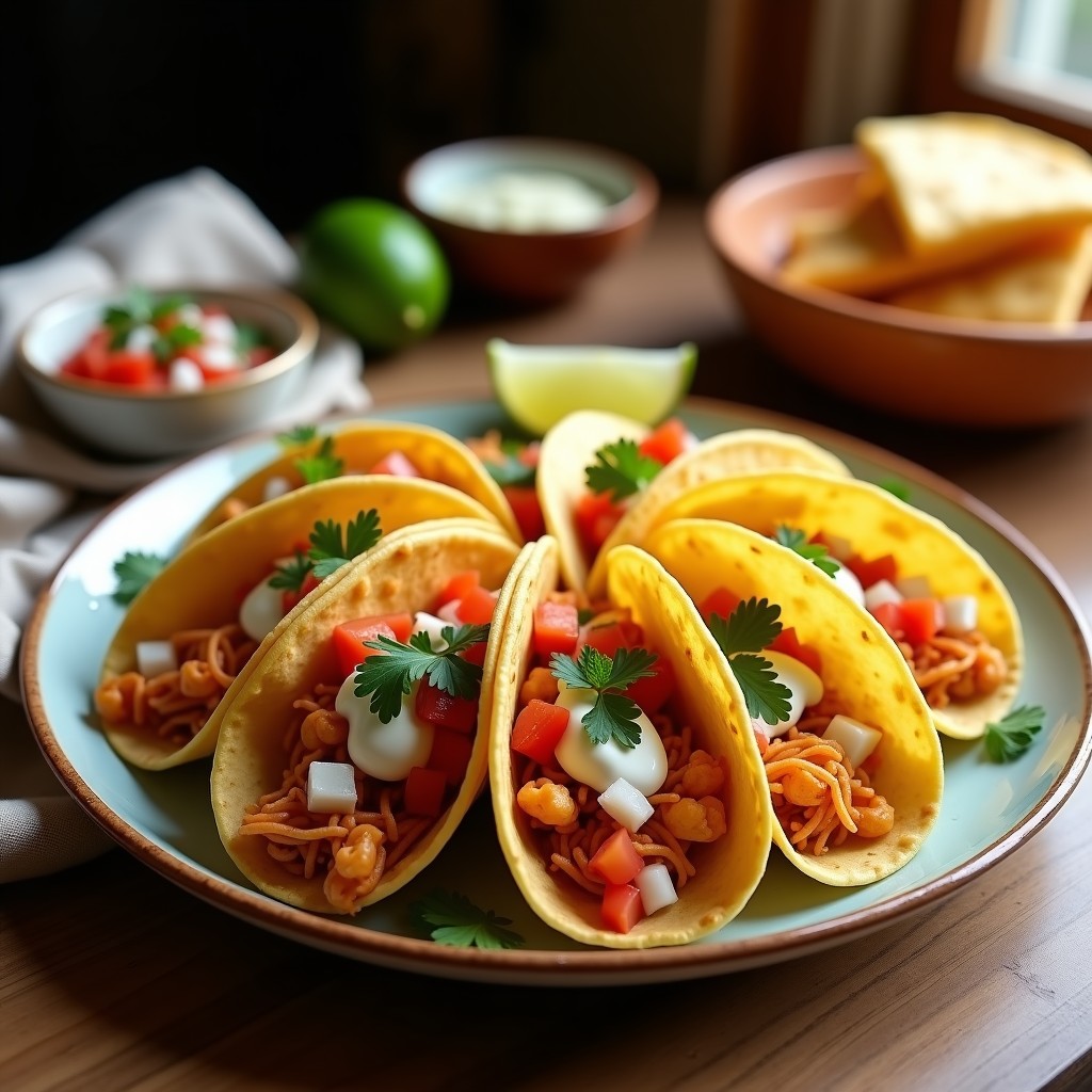 Tacos dorados crujientes rellenos de jaiba y camarones, servidos en un plato de barro con pico de gallo, crema agria y salsa valentina, receta en airfryer.