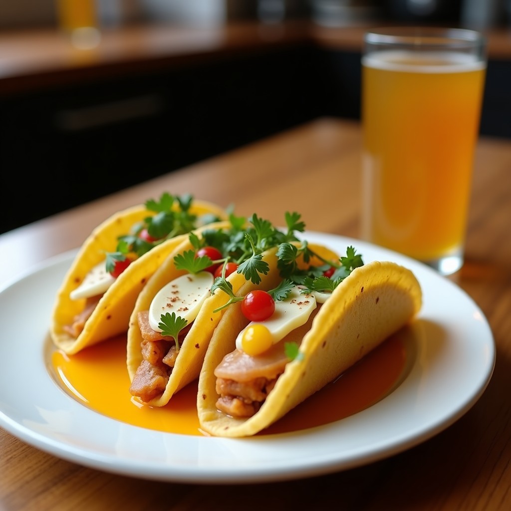 Tacos dorados de jaiba y mango ahumado servidos en plato de barro, con aderezo de cebolla morada y cilantro, fondo rústico con limones y especias.