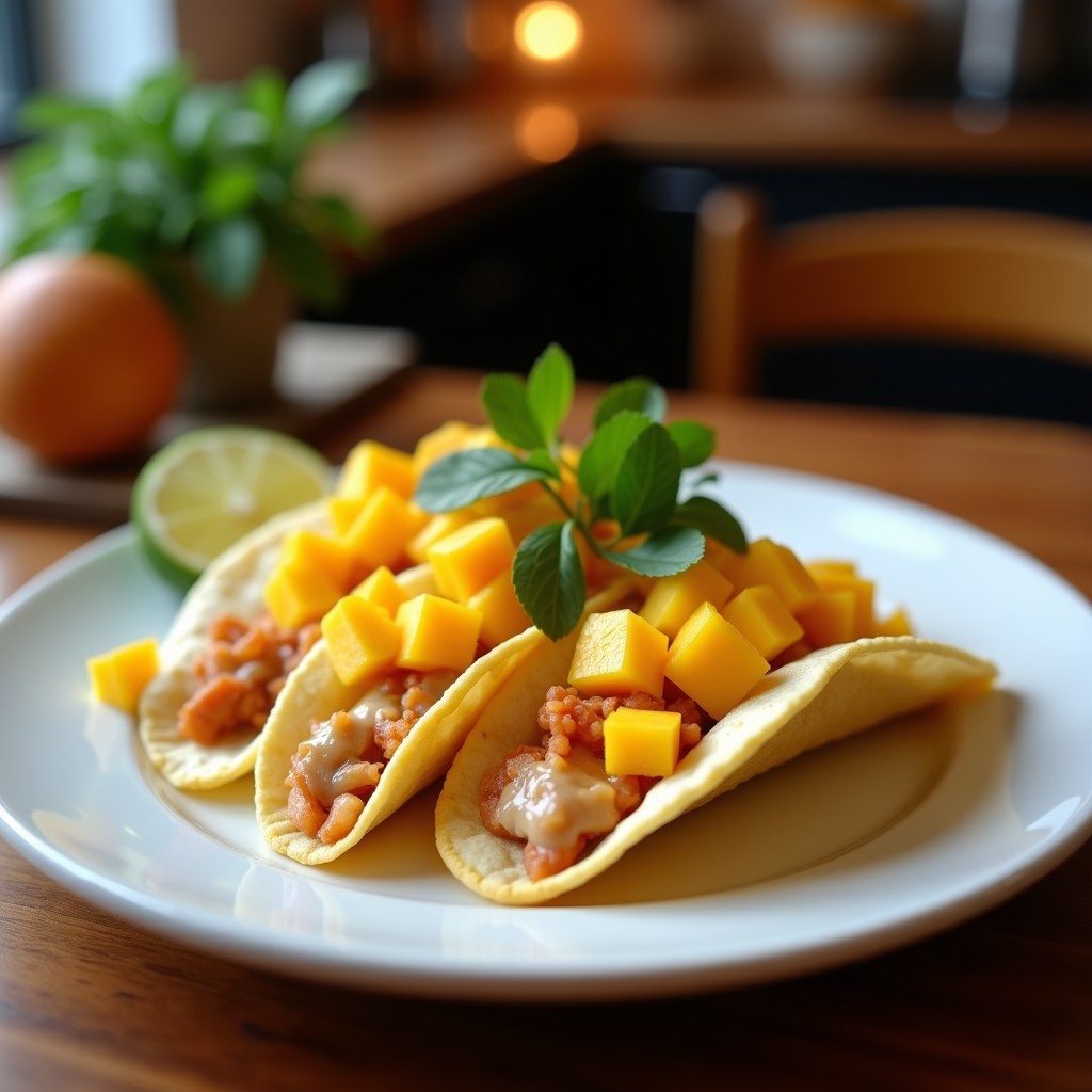Plato de tacos dorados crujientes rellenos de jaiba y mango, acompañados de crema ácida, cilantro fresco y rodajas de limón, sobre un mantel rústico de yute.