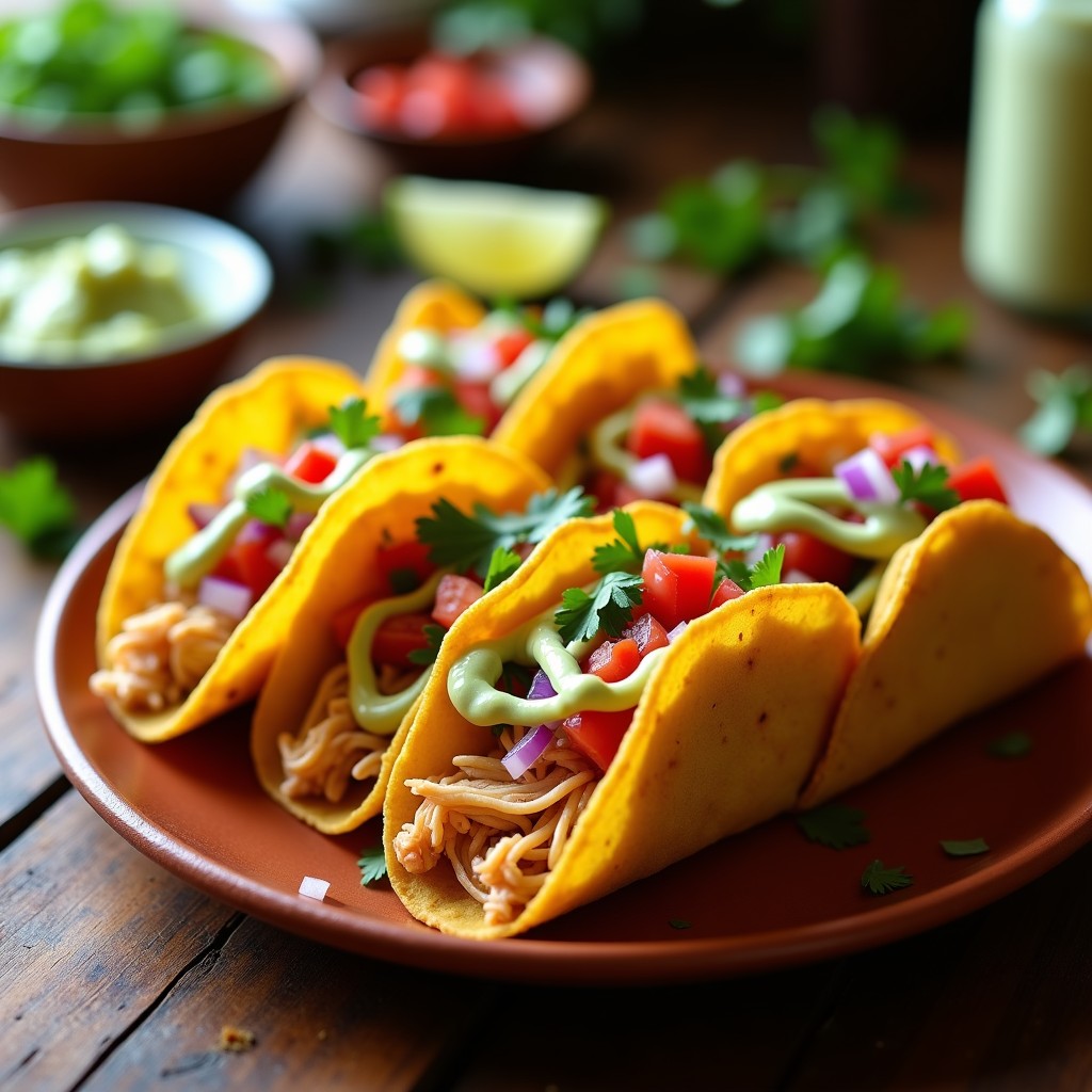 Plato con tacos dorados de jaiba crujientes, rellenos de jaiba desmenuzada, acompañados de pico de gallo fresco y salsa cremosa de aguacate sobre fondo rústico de madera.