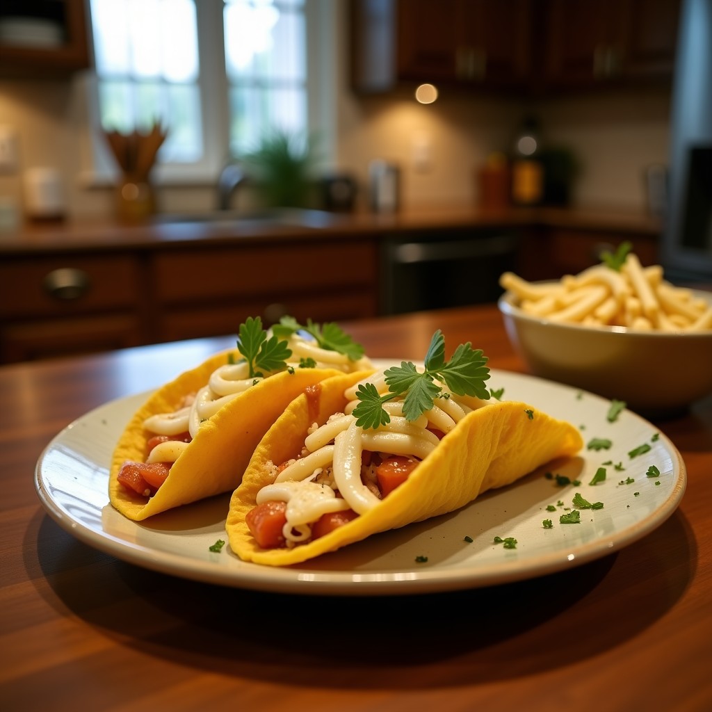 Plato con tacos dorados de jamaica con pescado, crujientes y dorados, servidos con cebolla morada, cilantro y rodajas de limón verde sobre fondo rústico de madera.
