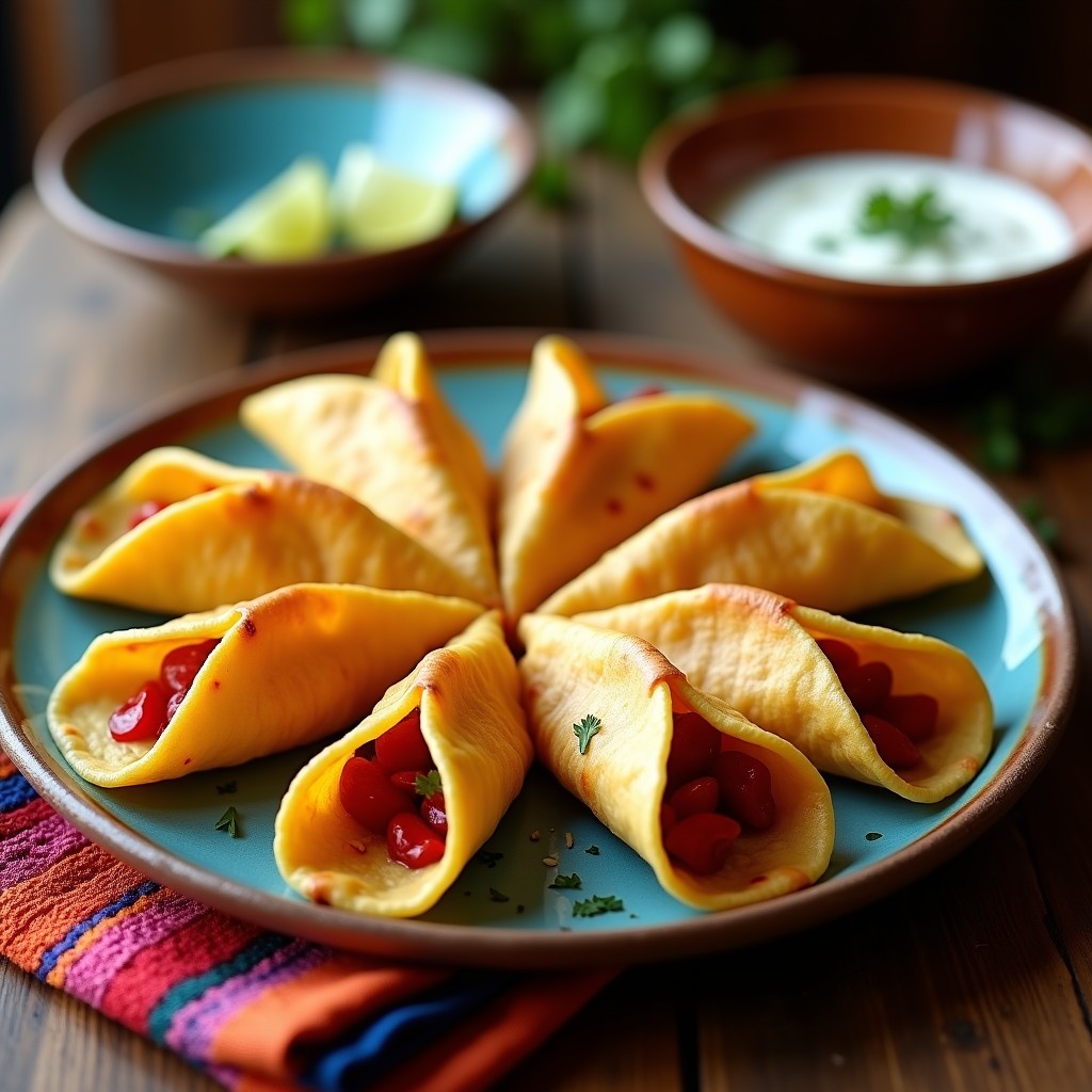 Tacos dorados crujientes rellenos de jamaica y queso panela, servidos en un plato de barro con salsa de yogur y hierbas frescas, receta mexicana sin frito.