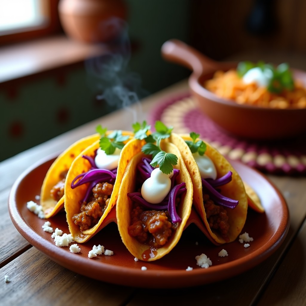 Tacos dorados jarochos apilados en un plato de barro, rellenos de pollo en salsa de chile pasilla, acompañados de lechuga morada, queso fresco y crema ácida, receta tradicional veracruzana en cazuelita.