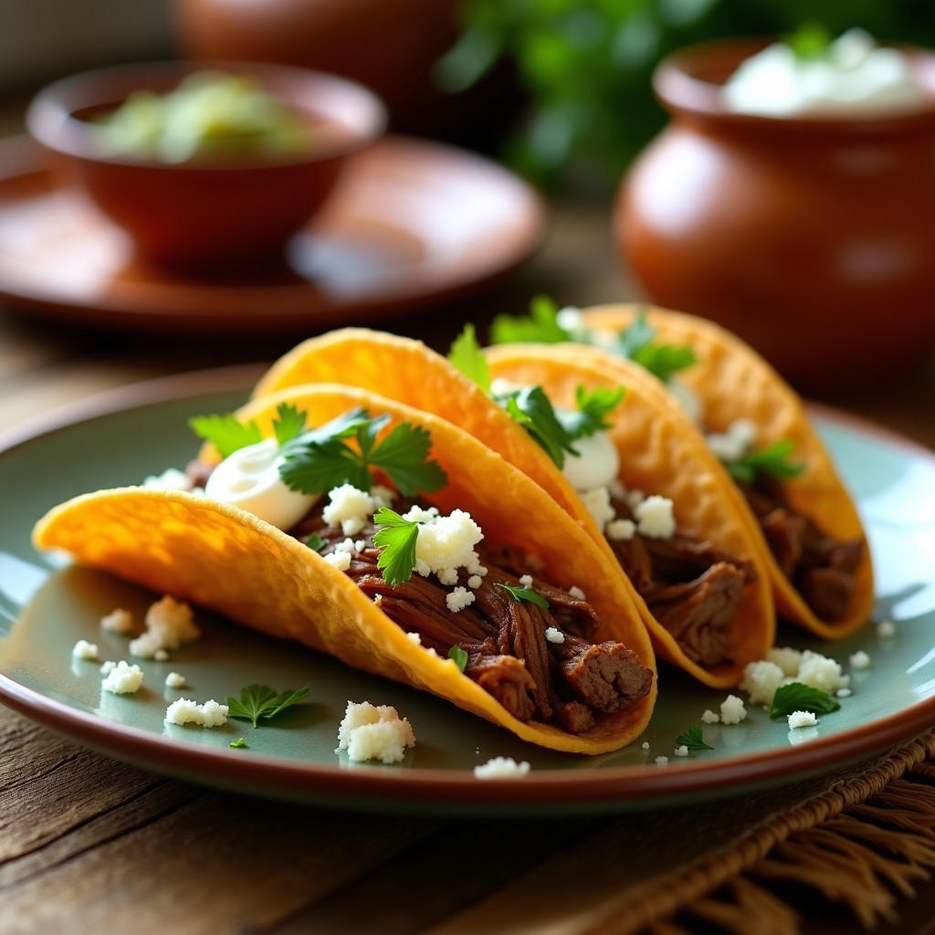Plato de tacos dorados de jarretes de cordero en airfryer, crujientes y dorados, servidos con queso fresco, crema agria, cilantro y salsa verde, sobre un mantel rústico de tela.