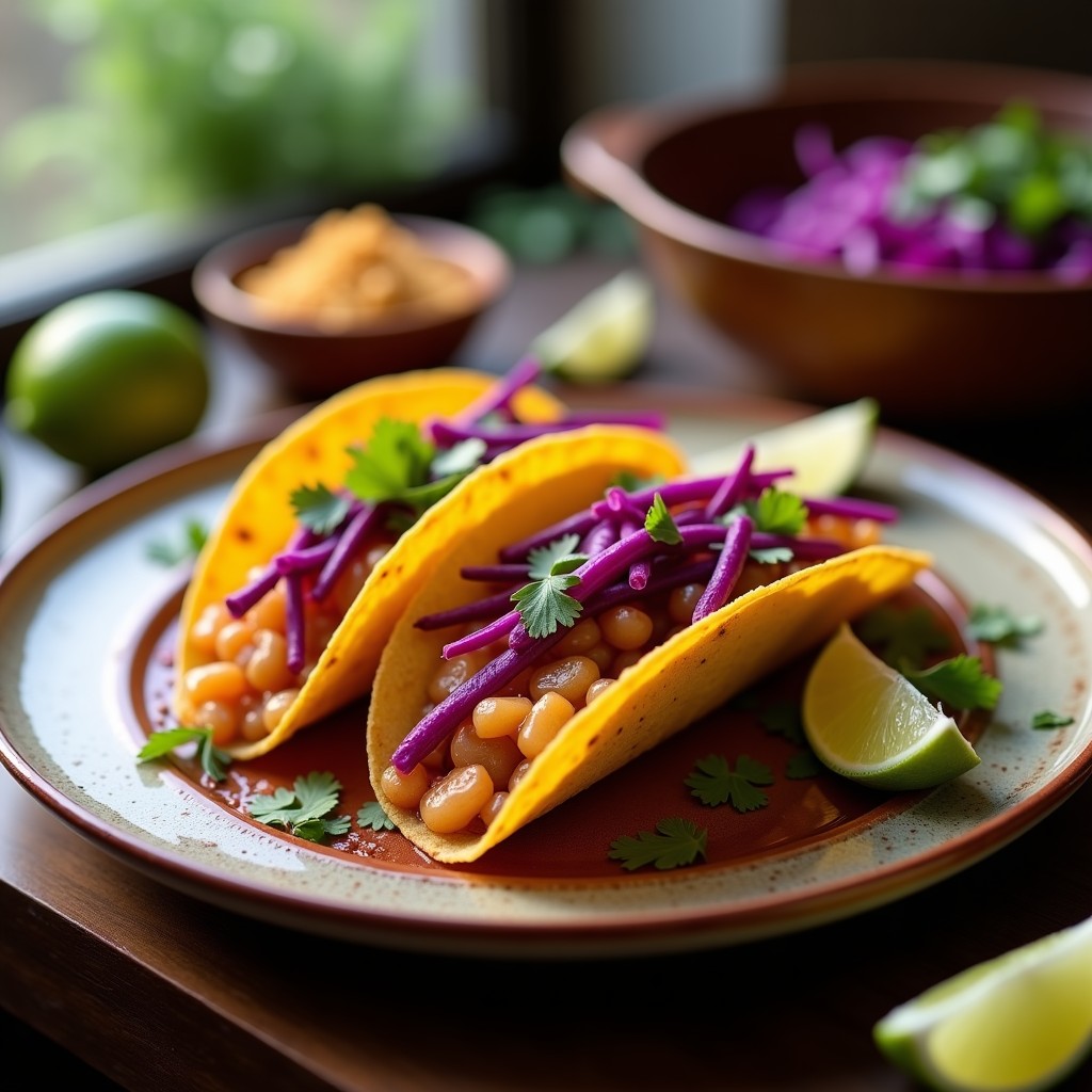 Plato con tacos dorados de maíz rellenos de medusas en cebiche, acompañados de bastones de camote morado y lechuga morada, receta peruana innovadora.