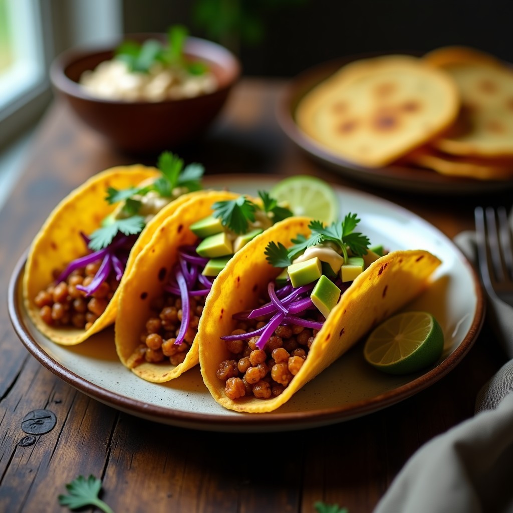 Tacos dorados veganos rellenos de lentejas y jackfruit, servidos en un plato de barro con topping de aguacate, lechuga morada y crema de anacardos, receta airfryer.