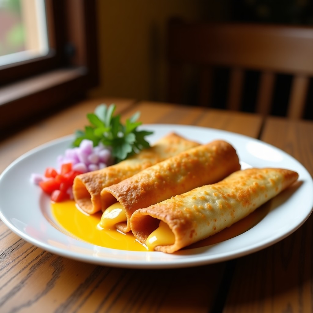 Plato de tacos dorados llaneros con queso guayanés fritos hasta el punto crujiente, servidos con ensalada de cebolla morada, tomate y cilantro, típico de la cocina venezolana.