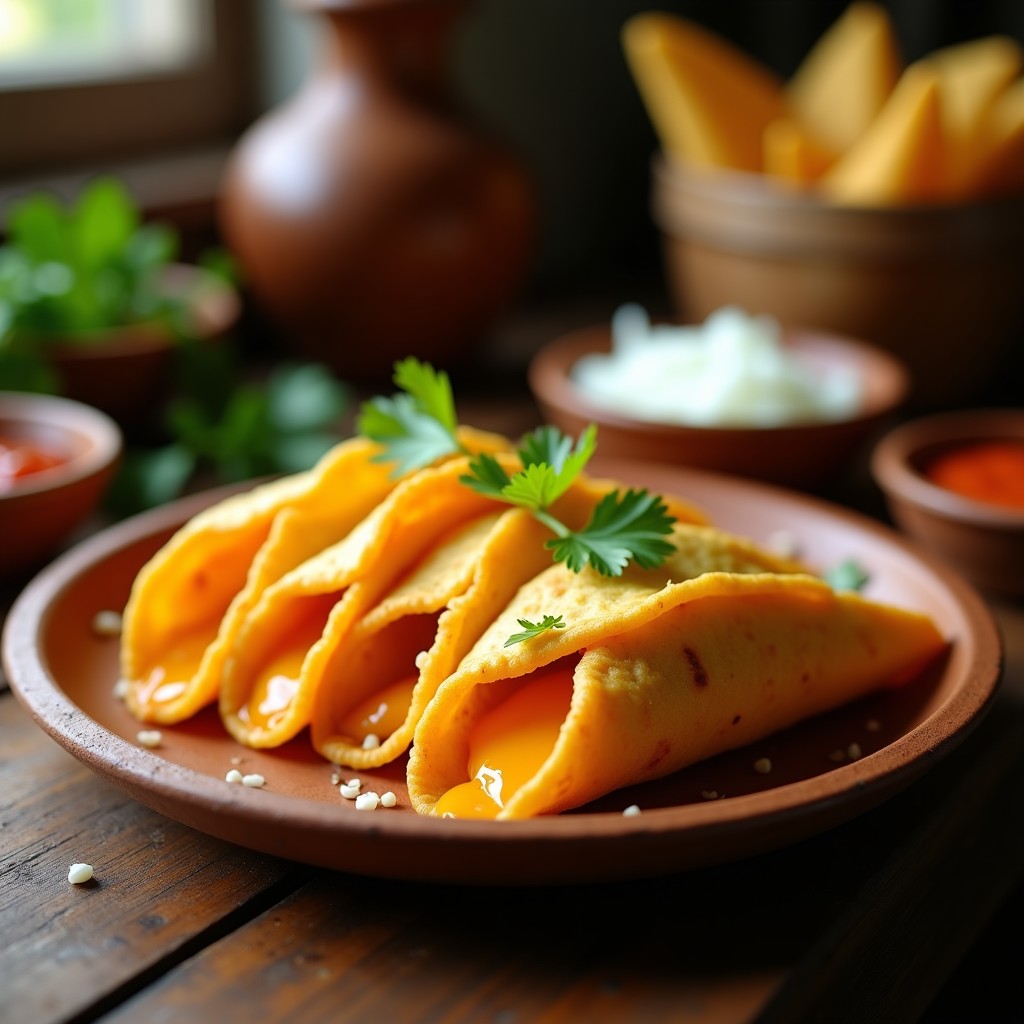 Tacos dorados llanos crujientes rellenos de queso paisa derretido, servidos en un plato de barro con cebolla picada, cilantro fresco y salsa de ají al lado. Receta colombiana tradicional.