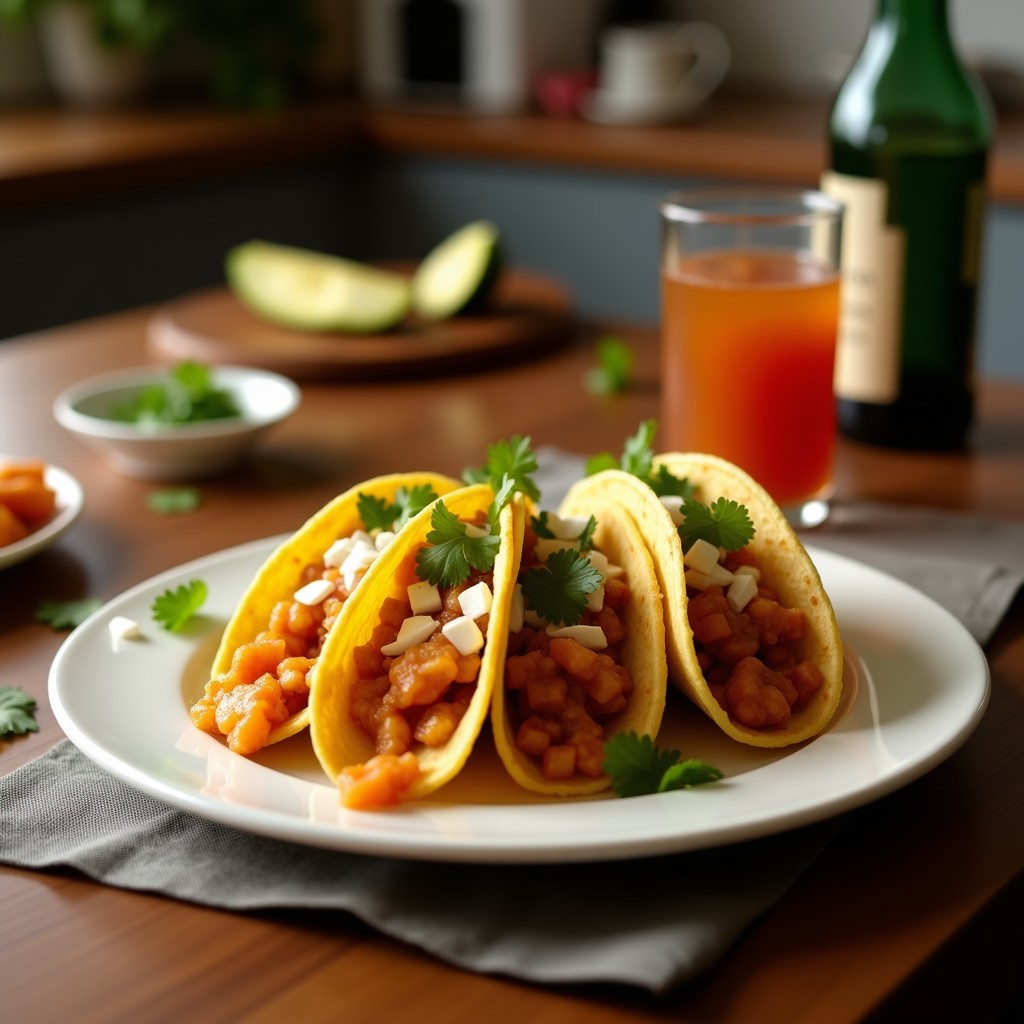 Plato con tacos dorados de lleninga ahumada, crujientes y dorados, servidos con lechuga morada, cebolla, crema ácida y salsa verde, receta mexicana tradicional en 20 minutos.