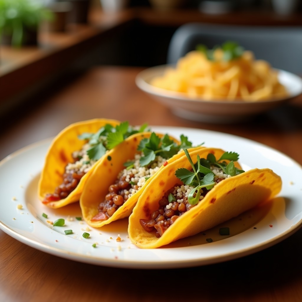 Plato con tacos dorados crujientes rellenos de pollo desmenuzado, servidos con lechuga, crema agria y queso fresco, receta tradicional mexicana en ollas superpuestas.