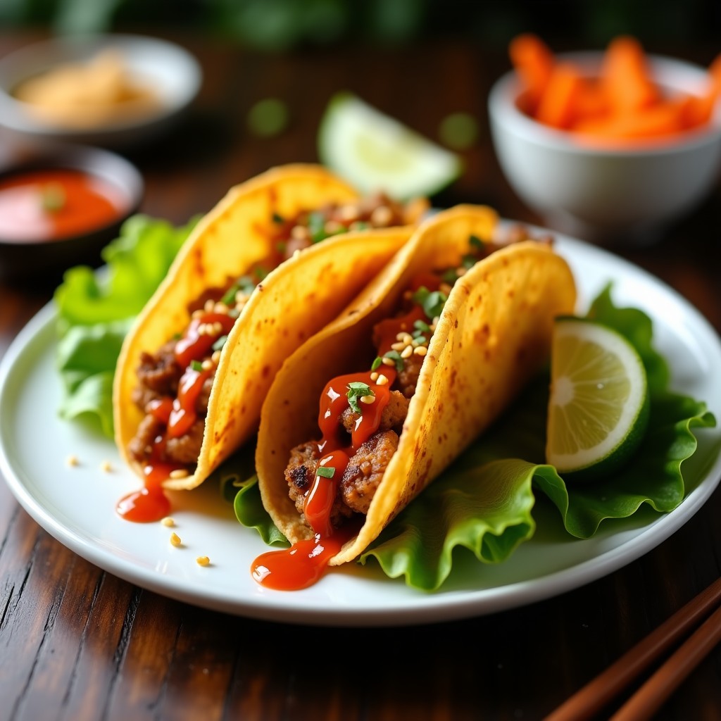 Tacos dorados crujientes rellenos de carne de cerdo con onggi, servidos sobre hojas de lechuga fresca y decorados con semillas de sésamo, acompañados de salsa gochujang, receta coreana en airfryer.