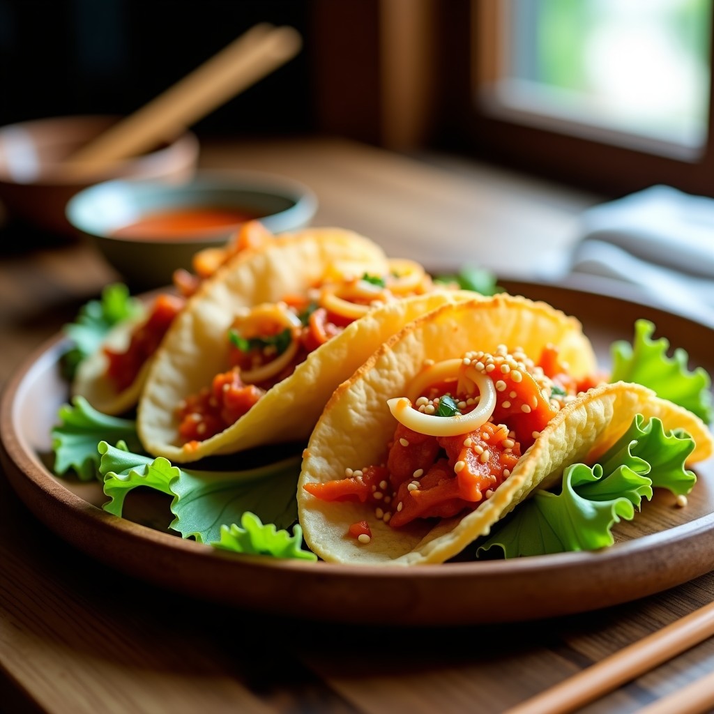 Tacos dorados crujientes rellenos de onggi y kimchi, servidos sobre hojas de lechuga romana con brotes de soja y salsa gochujang, receta coreana fermentada en airfryer.
