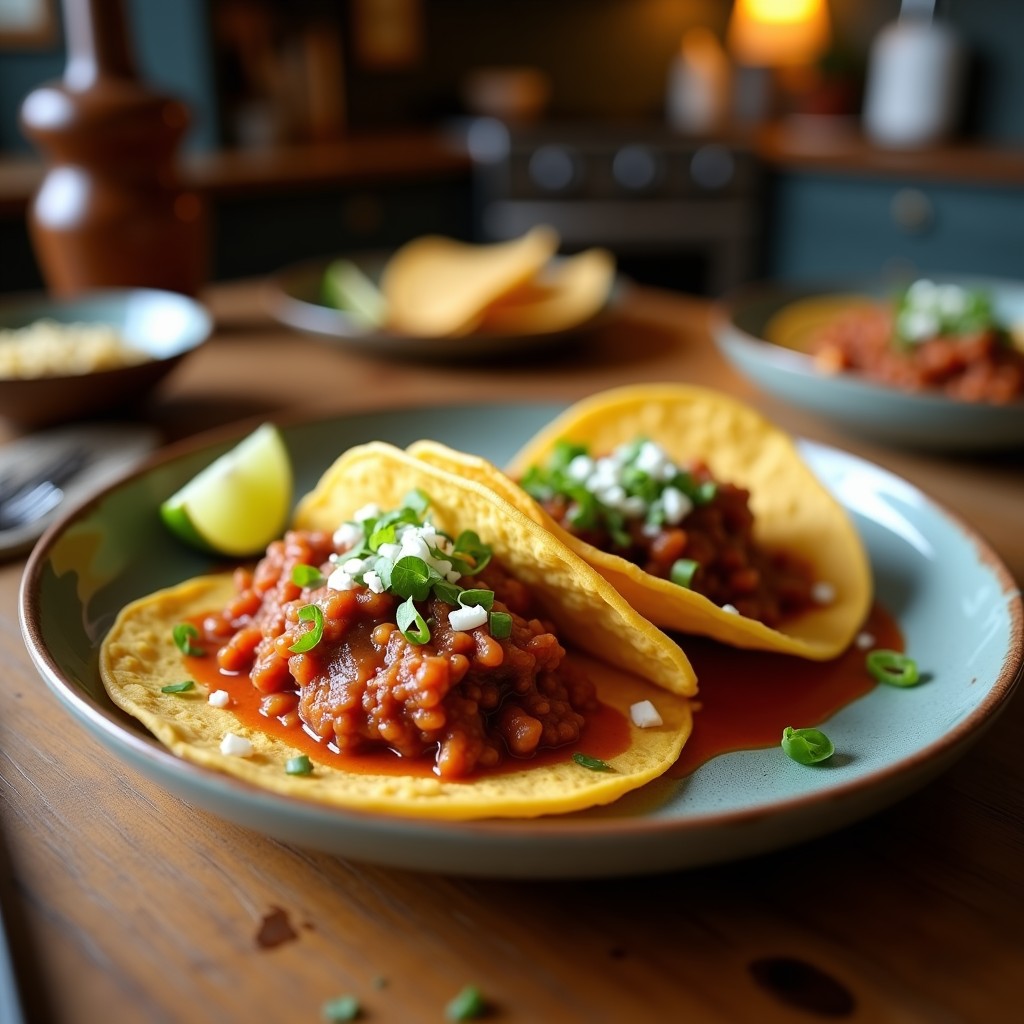 Plato de tacos dorados de birria de res al estilo ONGI, crujientes y bañados en caldo rojo especiado, acompañados de cebolla morada, cilantro y limón, sobre mesa rústica de madera.
