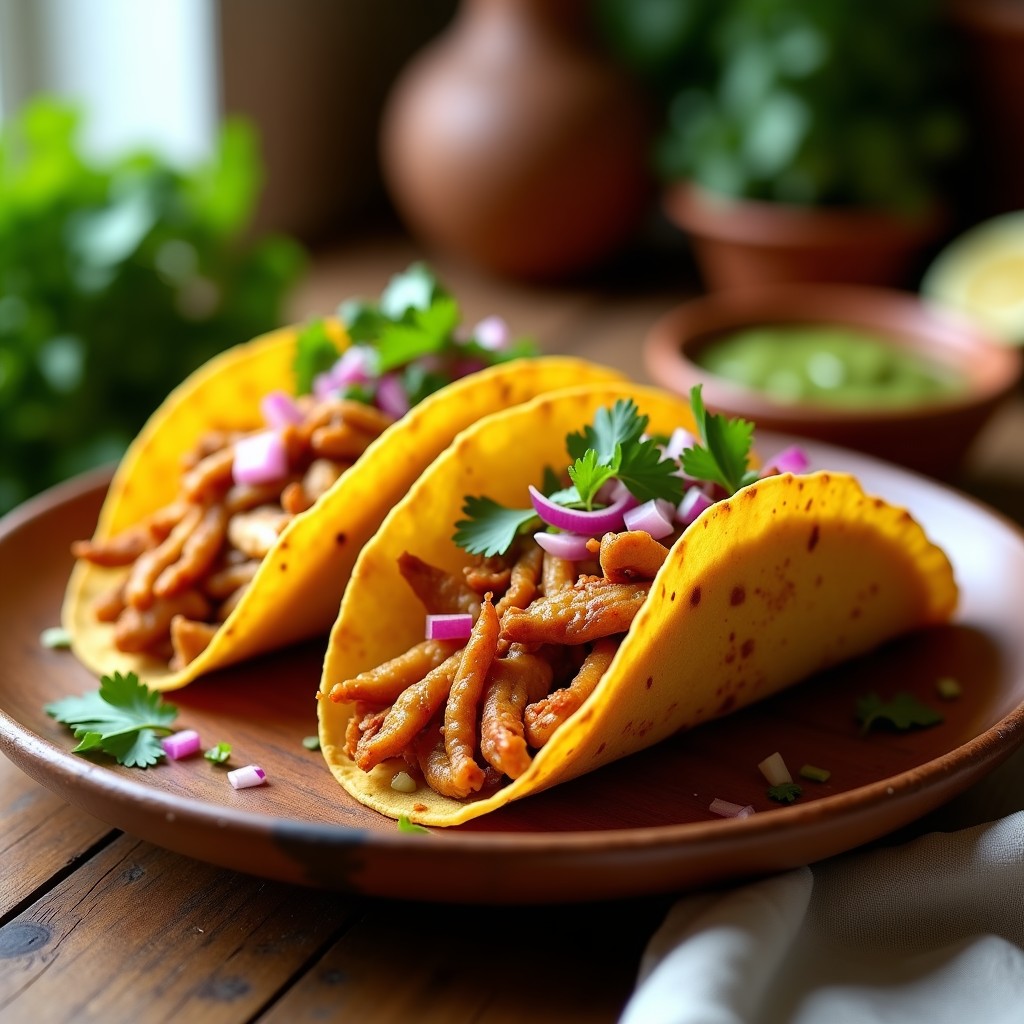Plato de tacos dorados crujientes rellenos de pechuga de pollo y jackfruit desmenuzado, con cebolla morada y cilantro, servidos sobre papel de horno con salsa verde al lado.