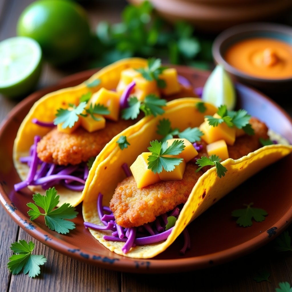 Tacos dorados de pescado estilo Baja California con rebozado crujiente, repollo morado, ceviche de mango y salsa de chipotle, servidos en plato de barro rústico.