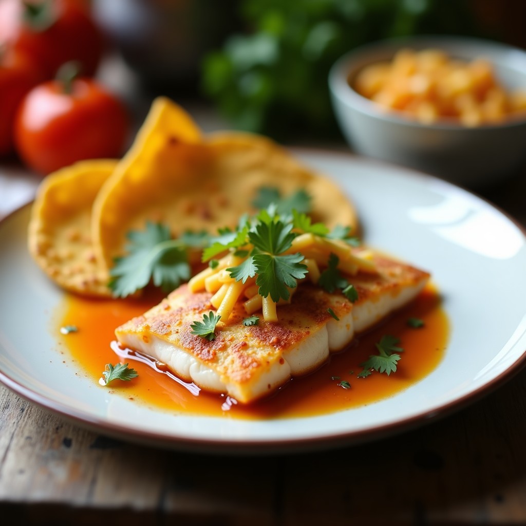 Plato con tacos dorados de pescado crujientes servidos en tortillas de maíz, acompañados de salsa de mango y habanero de color naranja vibrante, decorados con cilantro fresco y rodajas de lima sobre fondo rústico de madera.