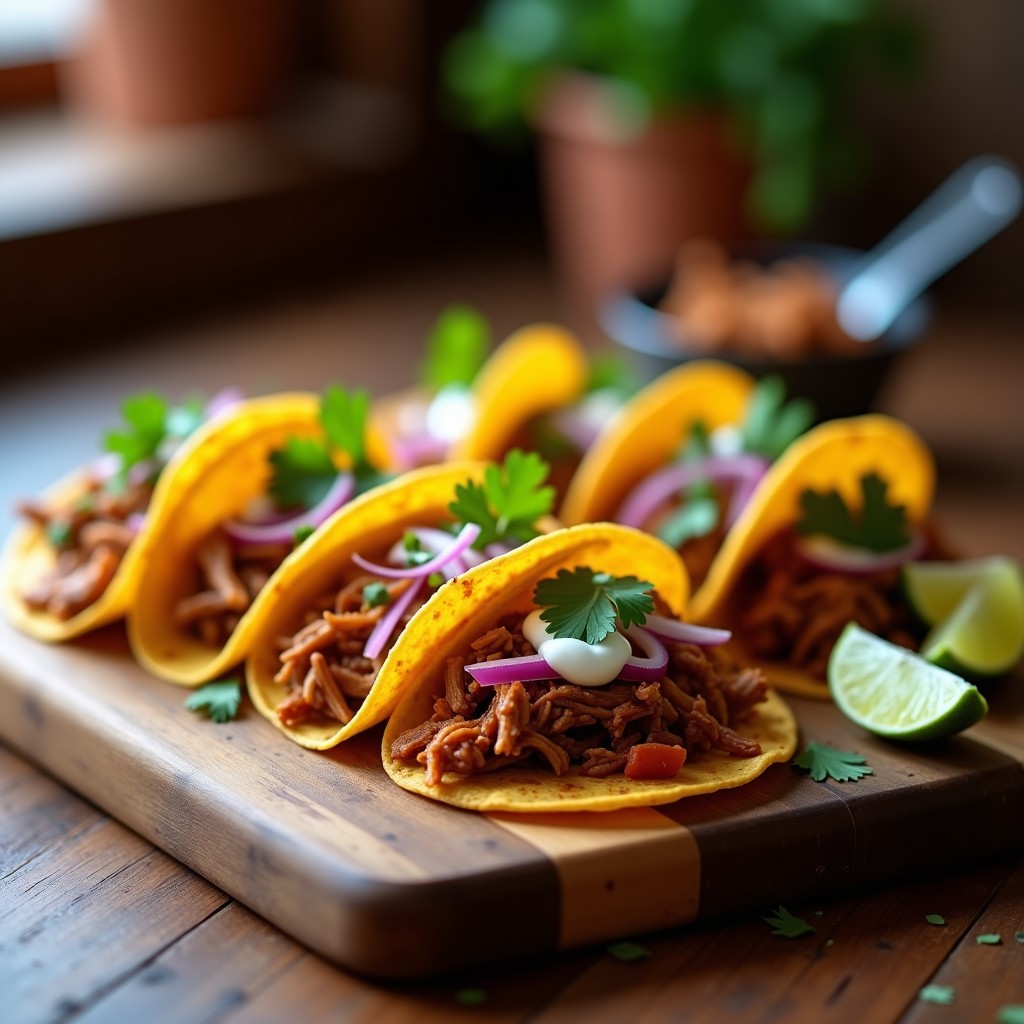 Plato de tacos dorados de pulled pork en airfryer, crujientes por fuera y jugosos por dentro, servidos con cebolla morada, cilantro y crema agria sobre una tabla de madera rústica.