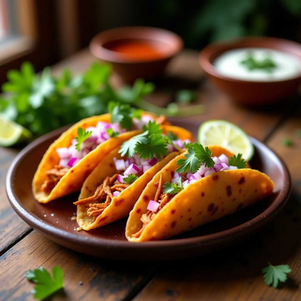 Plato de tacos dorados de queso asado rellenos de pollo chipotle, con cebolla morada, cilantro y crema agria, servidos sobre una tabla de madera rústica.