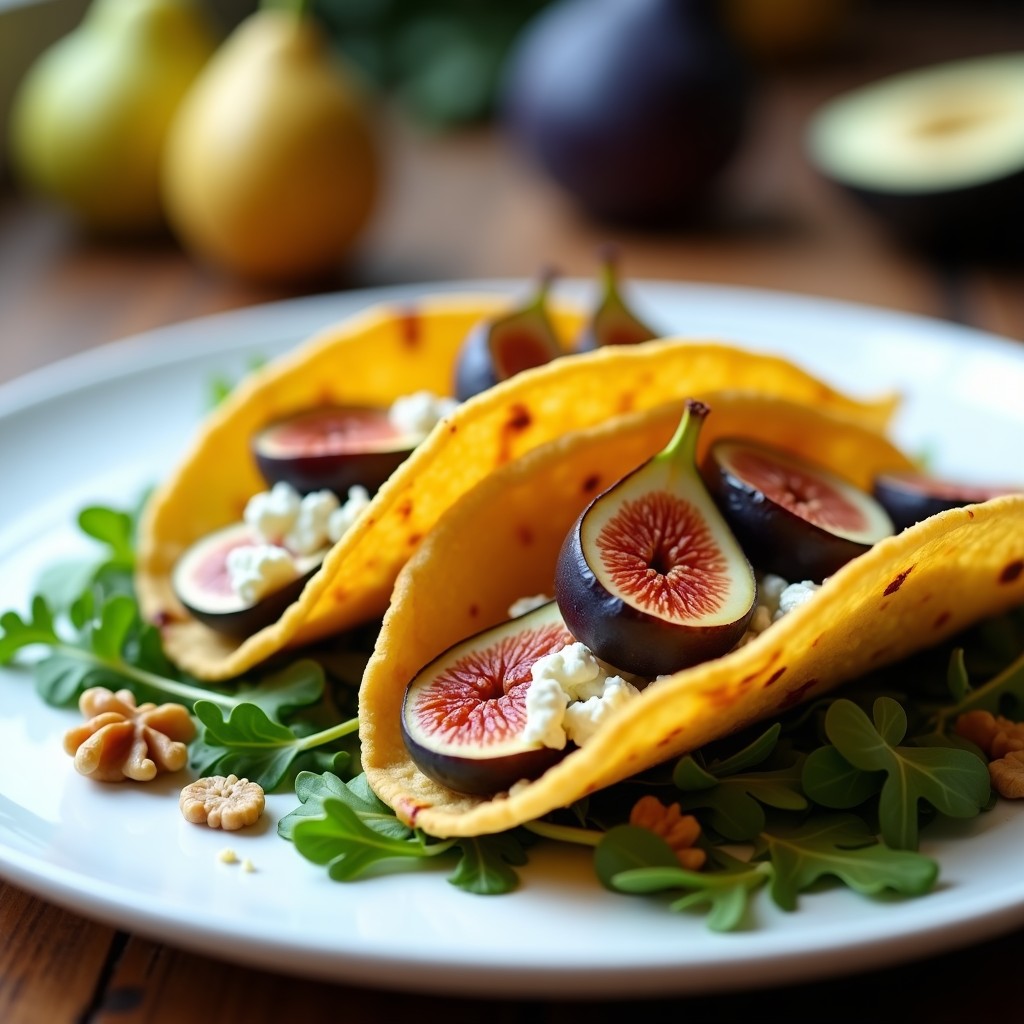 Tacos dorados de maíz crujientes rellenos de queso azul desmenuzado y láminas de higo fresco, servidos sobre un lecho de rúcula con nueces y vinagreta de miel y balsámico. Plato gourmet preparado en airfryer sin aceite.